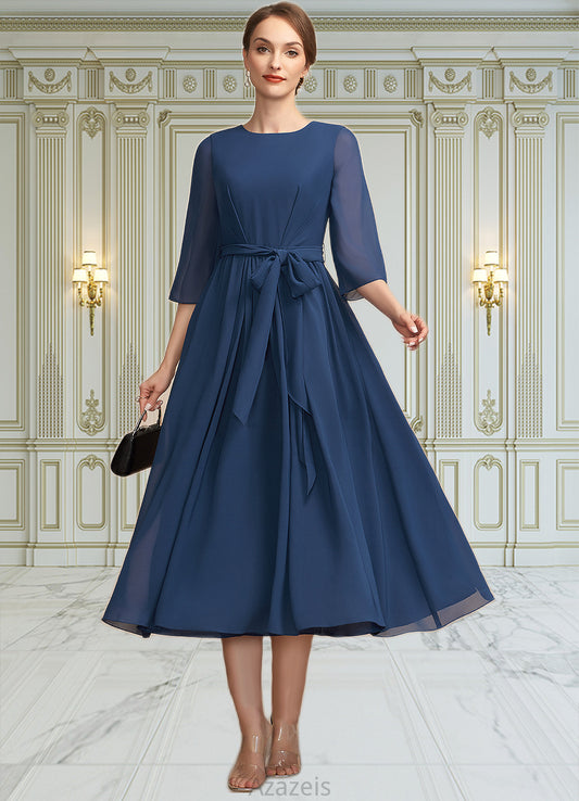 Frances A-Line Scoop Neck Tea-Length Chiffon Mother of the Bride Dress With Ruffle Bow(s) DF126P0014954