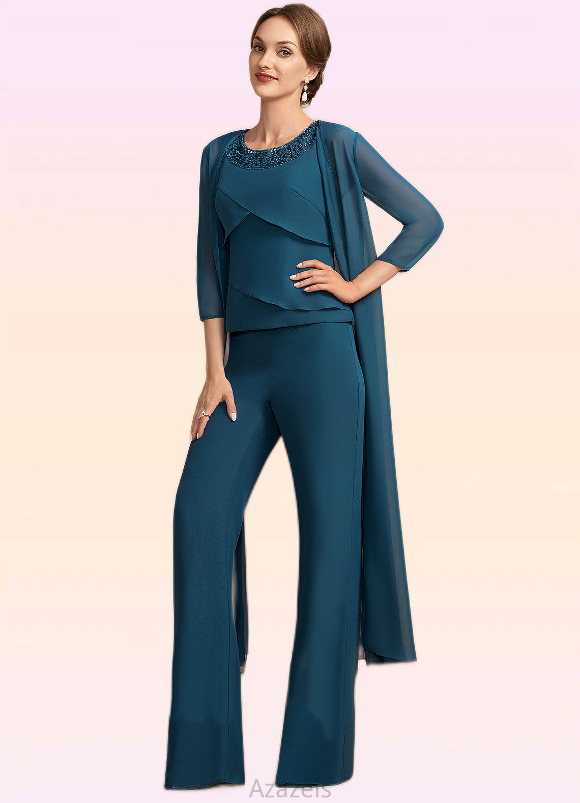 Karsyn Jumpsuit/Pantsuit Scoop Neck Floor-Length Chiffon Mother of the Bride Dress With Beading Cascading Ruffles DF126P0014956