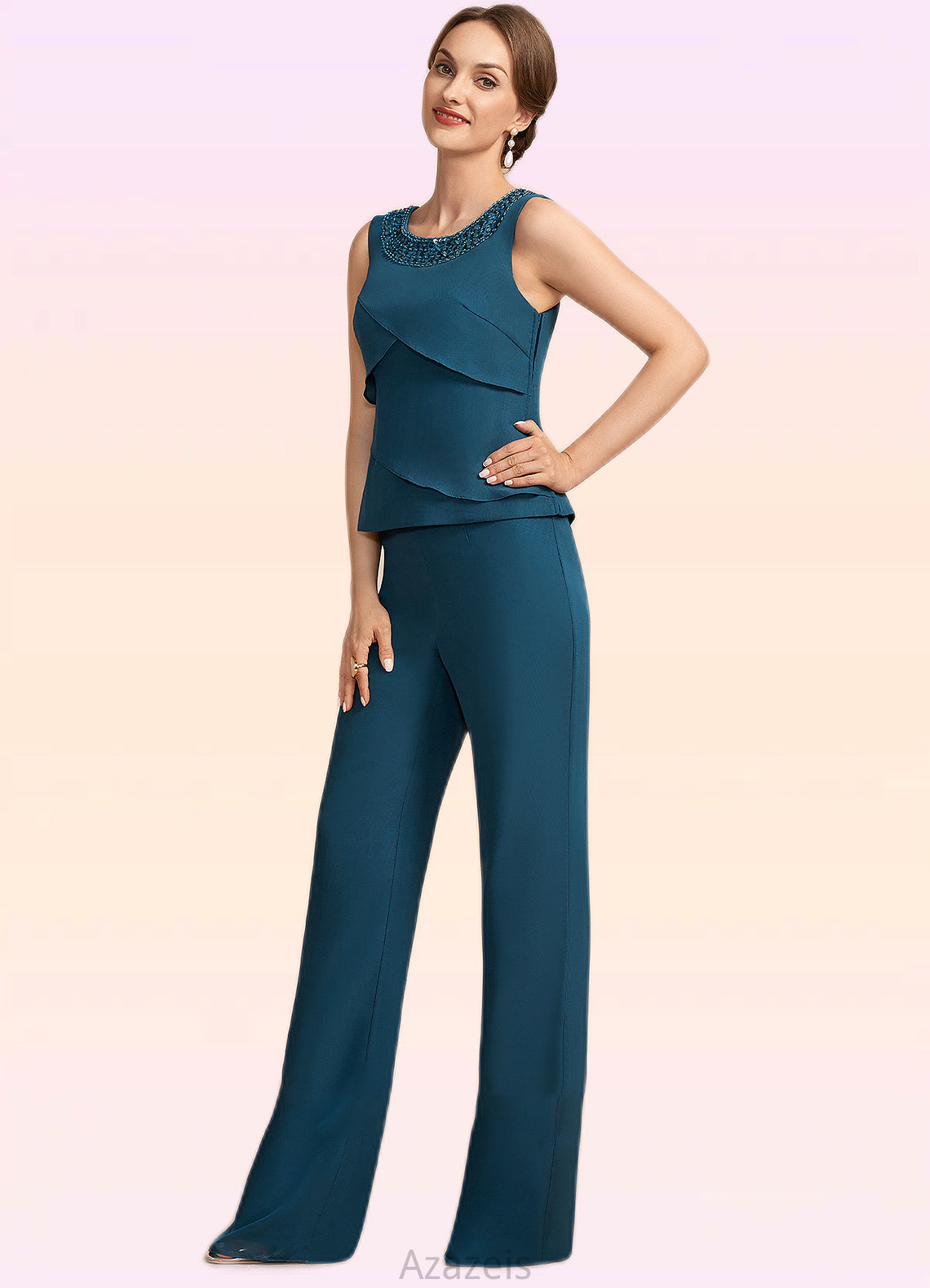 Karsyn Jumpsuit/Pantsuit Scoop Neck Floor-Length Chiffon Mother of the Bride Dress With Beading Cascading Ruffles DF126P0014956