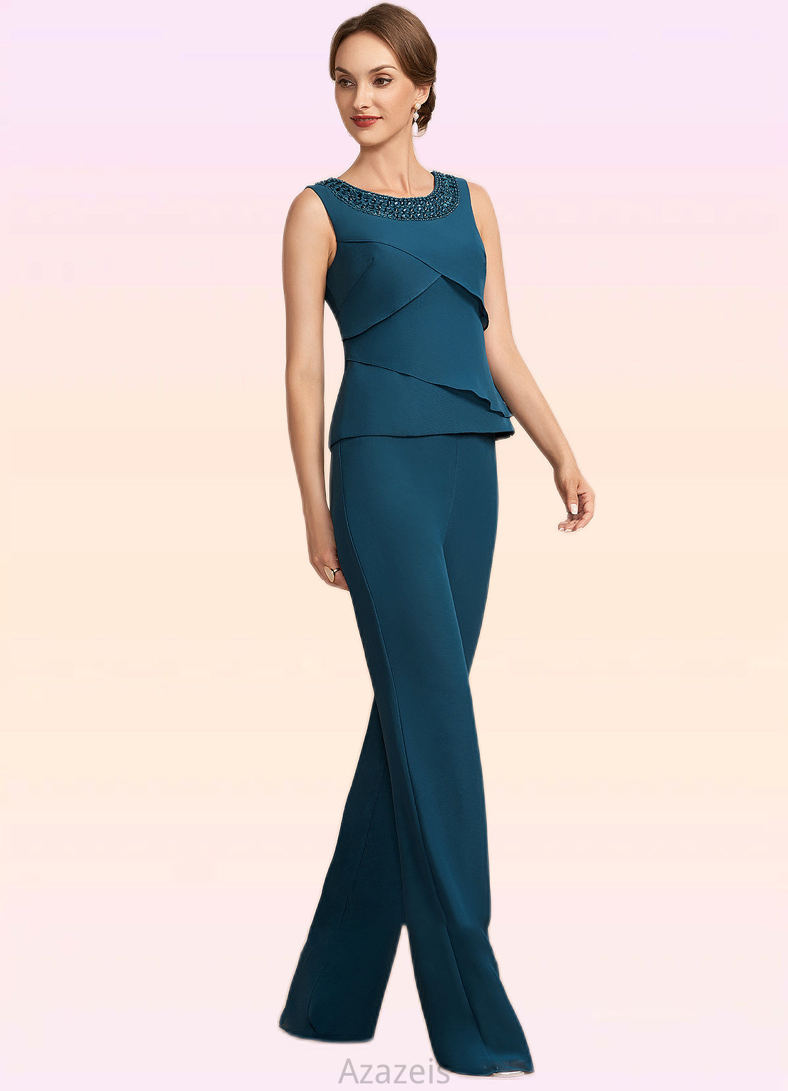 Karsyn Jumpsuit/Pantsuit Scoop Neck Floor-Length Chiffon Mother of the Bride Dress With Beading Cascading Ruffles DF126P0014956