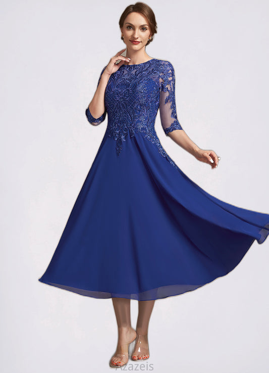 Cameron A-Line Scoop Neck Tea-Length Chiffon Lace Mother of the Bride Dress With Sequins DF126P0014959