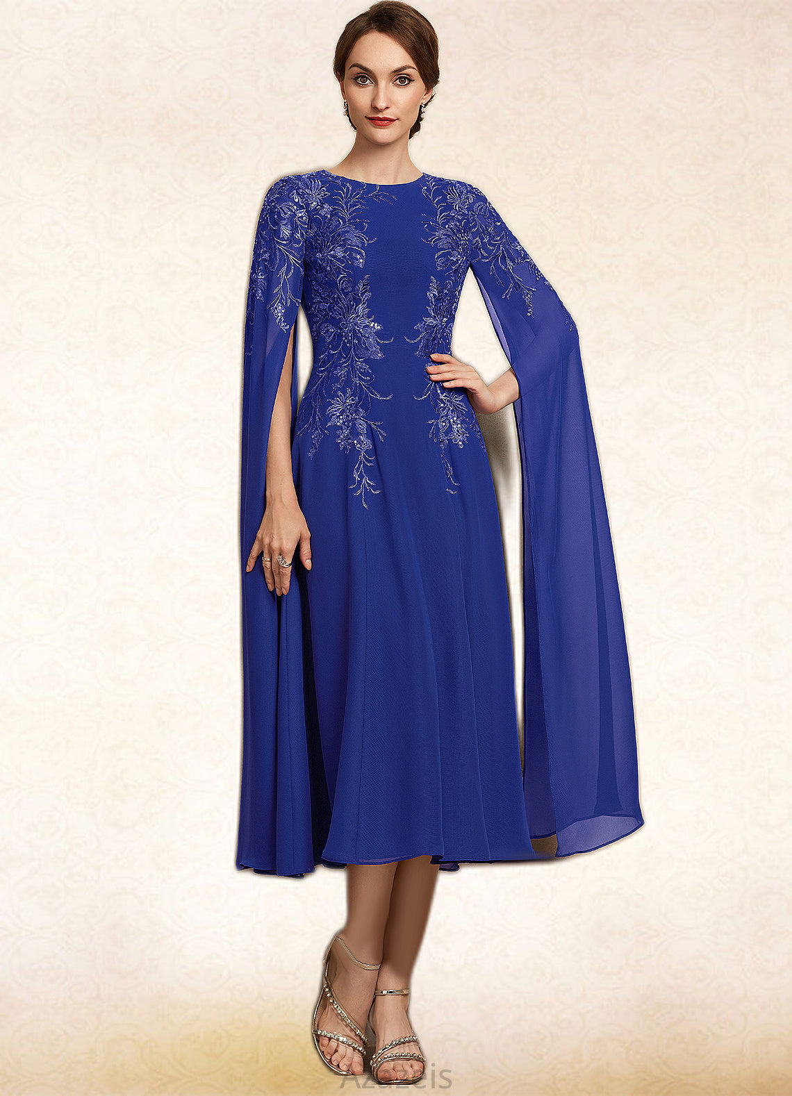 Bria A-Line Scoop Neck Tea-Length Chiffon Lace Mother of the Bride Dress With Sequins DF126P0014960