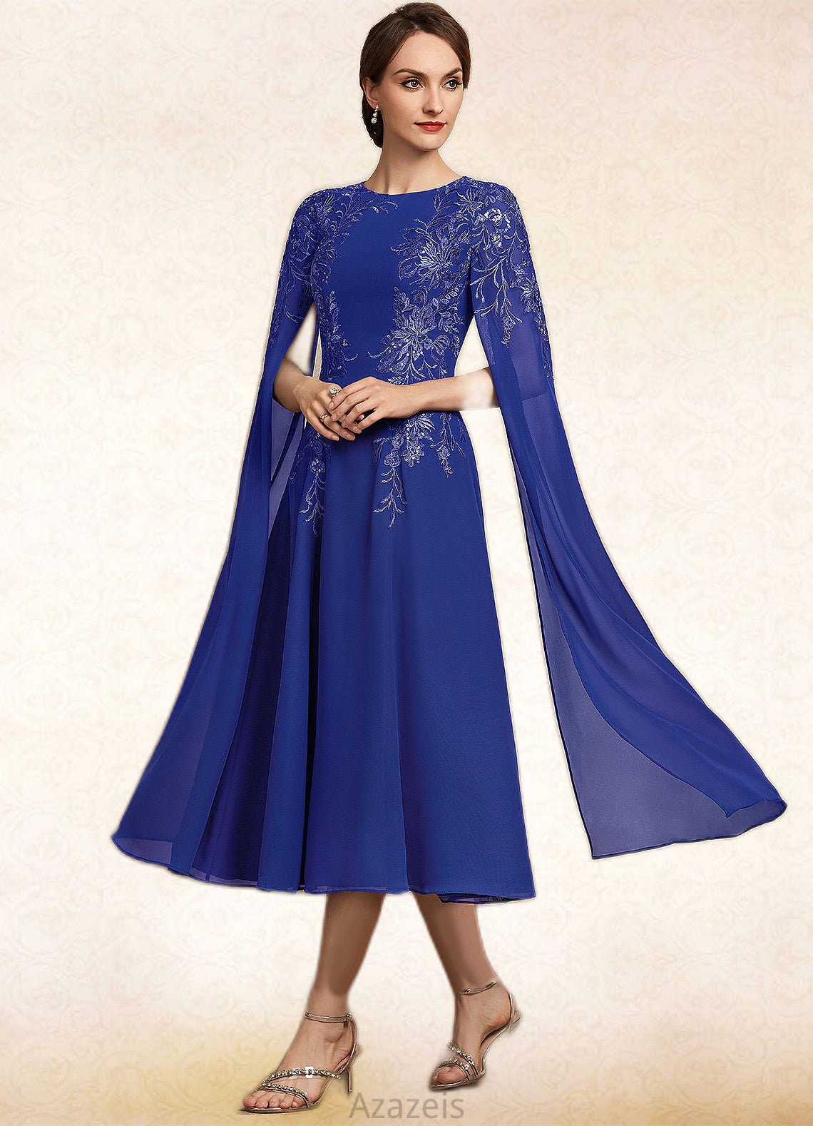 Bria A-Line Scoop Neck Tea-Length Chiffon Lace Mother of the Bride Dress With Sequins DF126P0014960