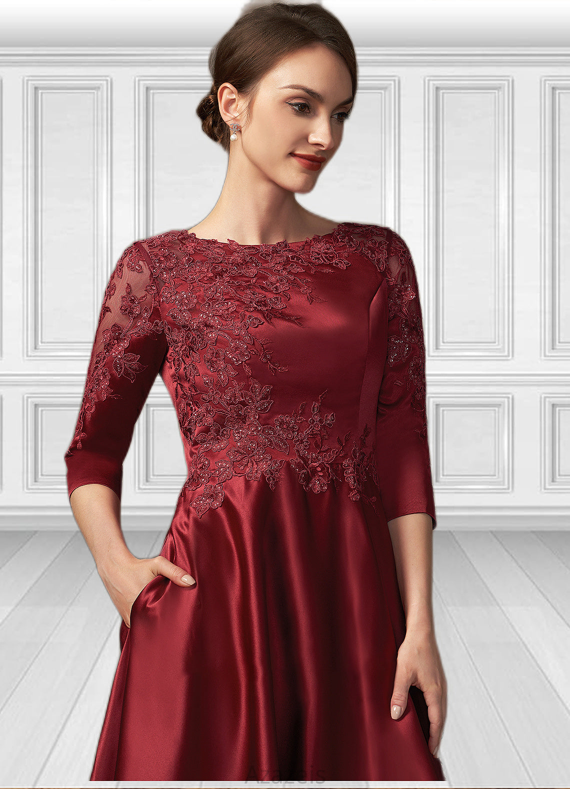 Rylee A-Line Scoop Neck Asymmetrical Satin Lace Mother of the Bride Dress With Sequins Pockets DF126P0014962