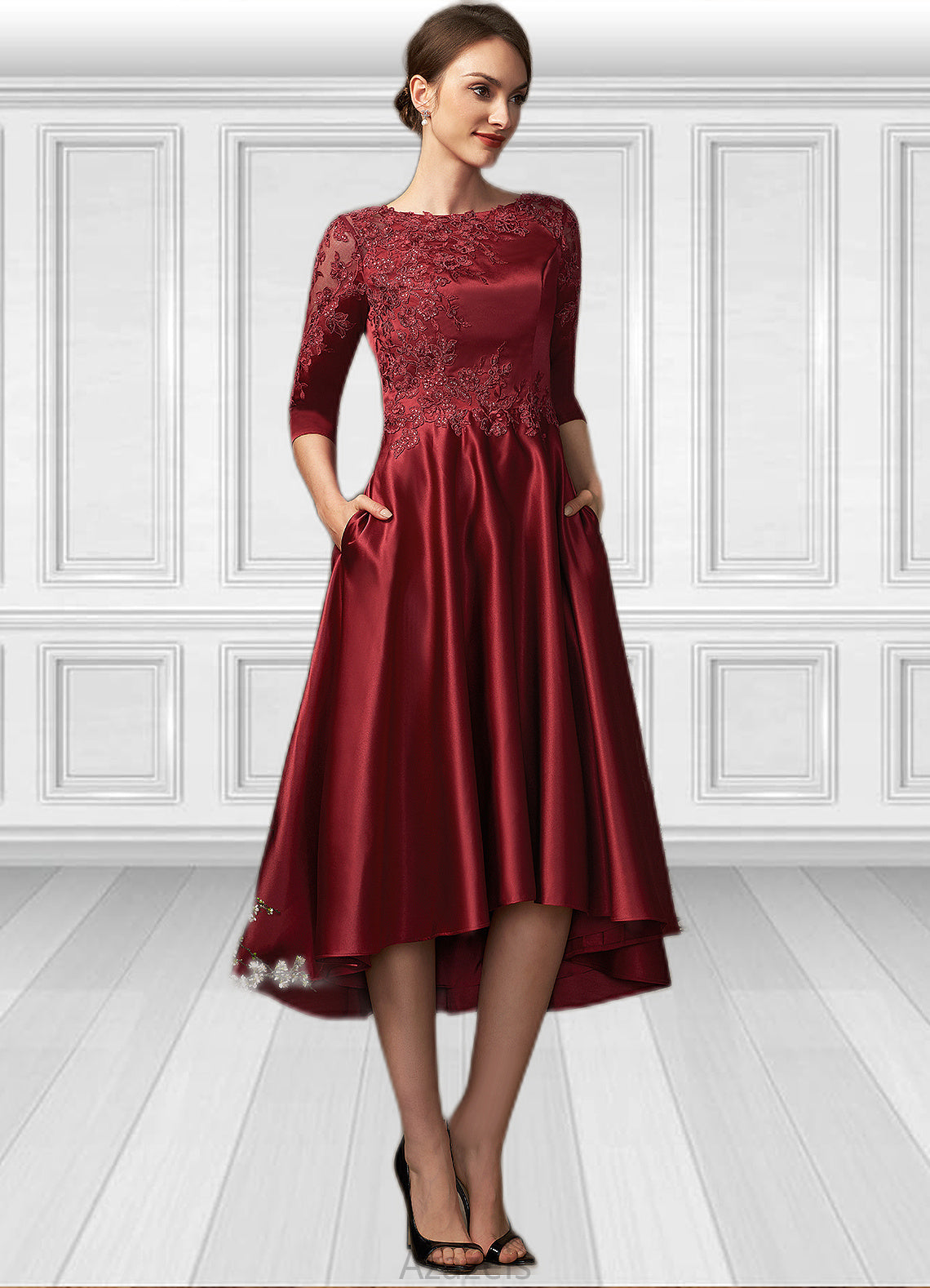 Rylee A-Line Scoop Neck Asymmetrical Satin Lace Mother of the Bride Dress With Sequins Pockets DF126P0014962