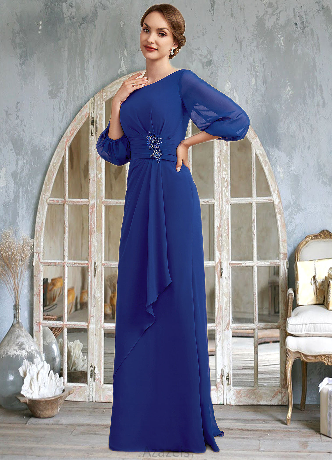 Lily A-Line Scoop Neck Floor-Length Chiffon Mother of the Bride Dress With Ruffle Beading DF126P0014963