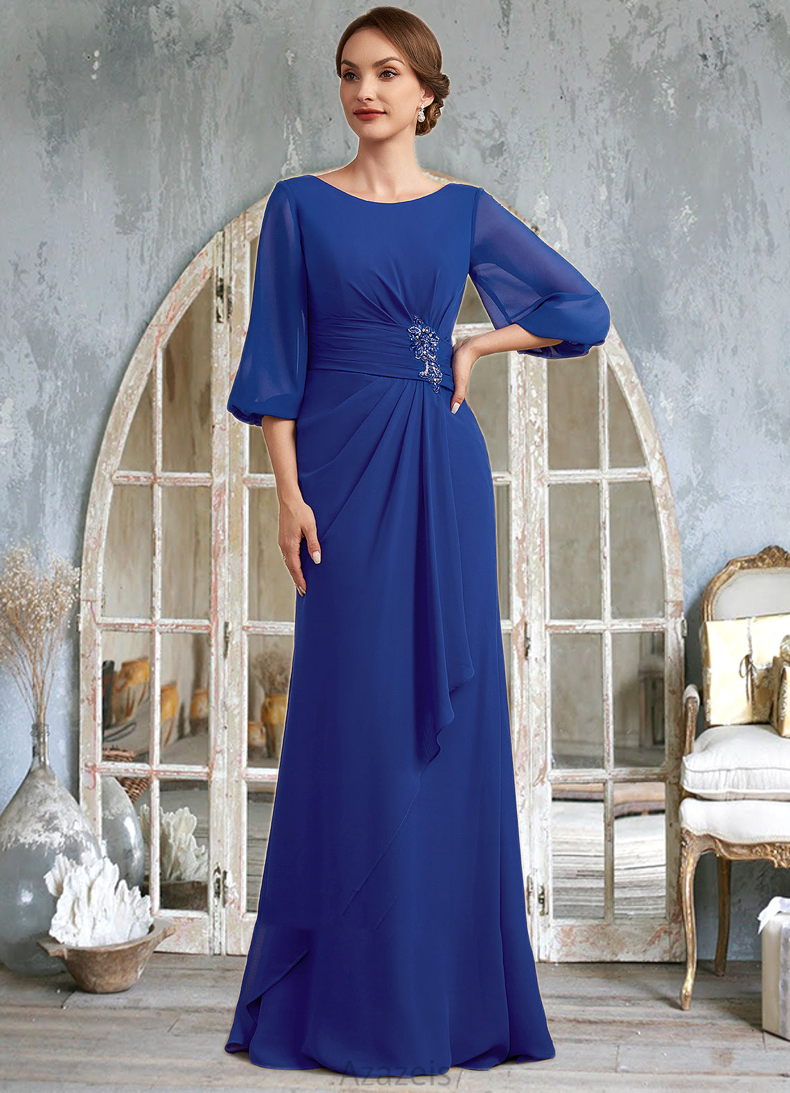 Lily A-Line Scoop Neck Floor-Length Chiffon Mother of the Bride Dress With Ruffle Beading DF126P0014963