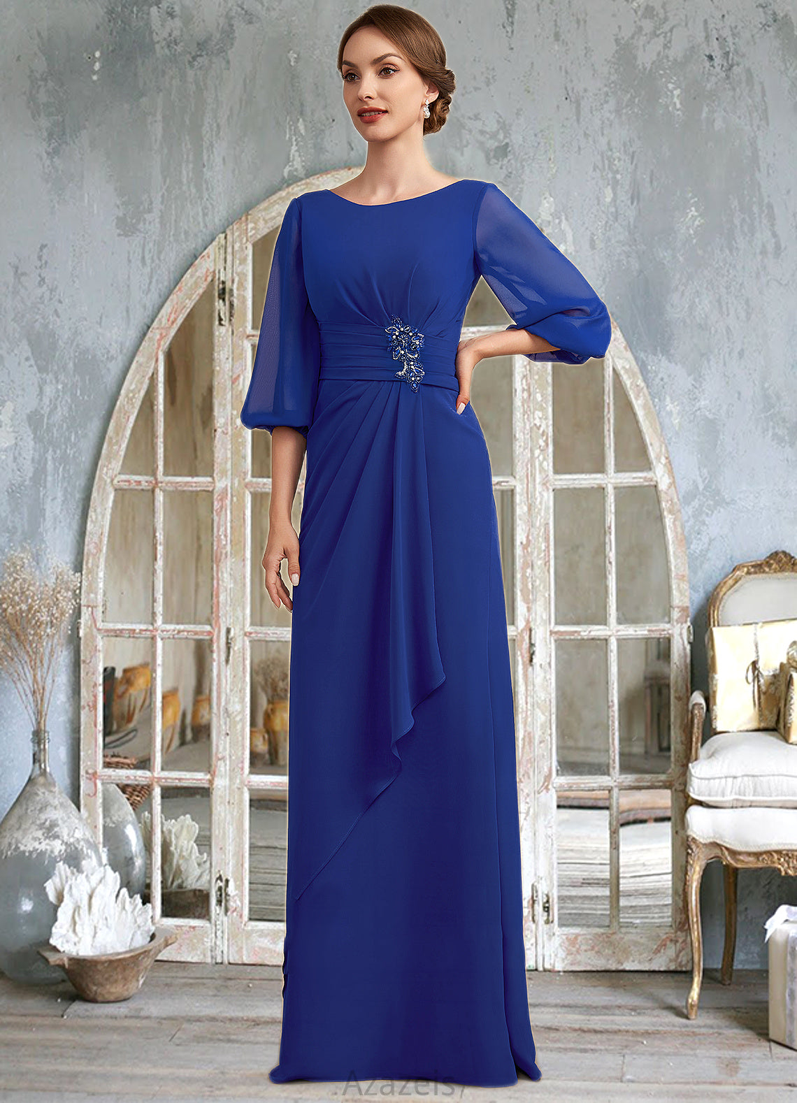 Lily A-Line Scoop Neck Floor-Length Chiffon Mother of the Bride Dress With Ruffle Beading DF126P0014963