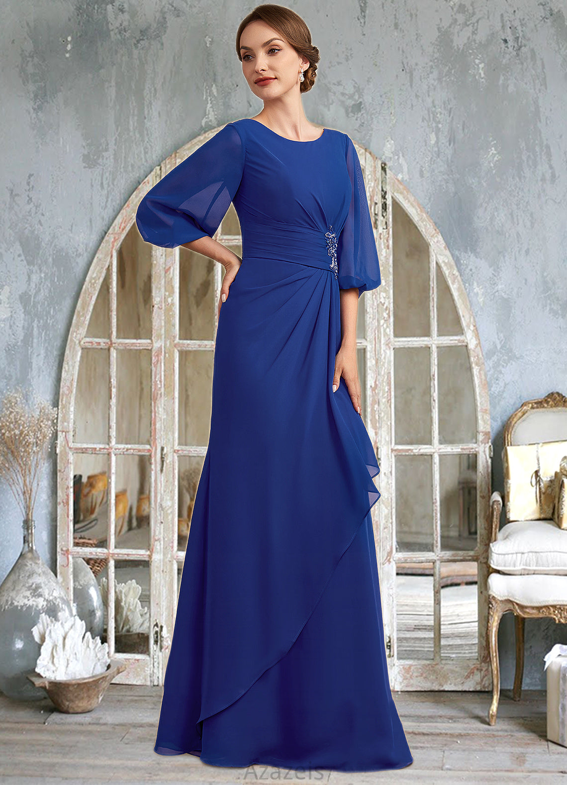 Lily A-Line Scoop Neck Floor-Length Chiffon Mother of the Bride Dress With Ruffle Beading DF126P0014963