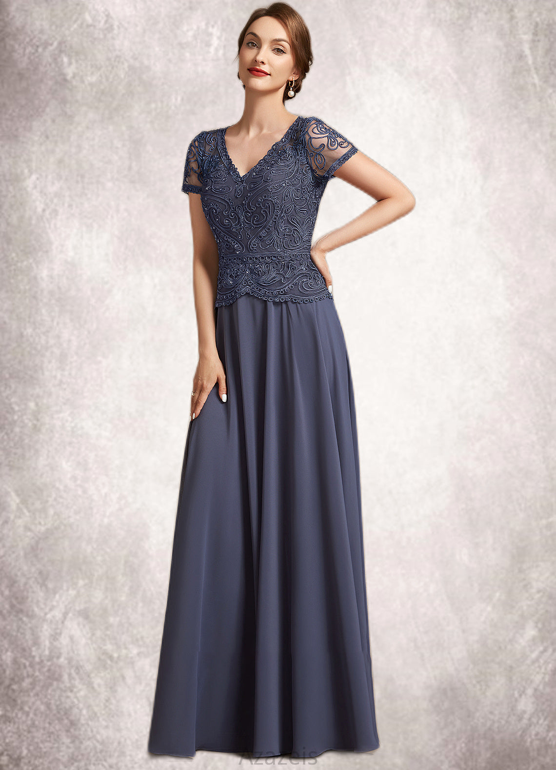 Jaylah A-Line V-neck Floor-Length Chiffon Lace Mother of the Bride Dress With Sequins DF126P0014964