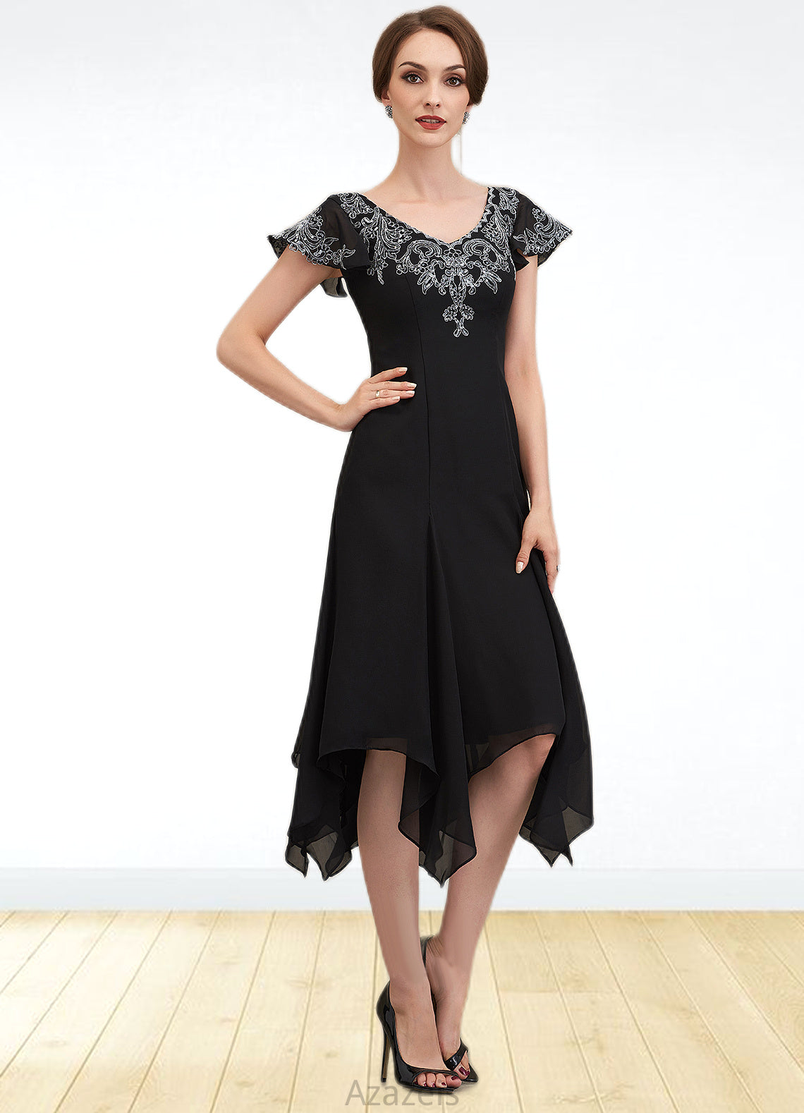 Destiny A-Line V-neck Tea-Length Chiffon Lace Mother of the Bride Dress With Sequins DF126P0014967