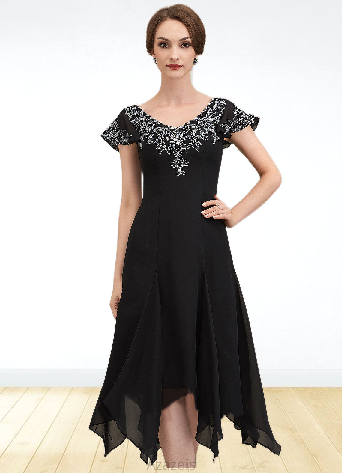 Destiny A-Line V-neck Tea-Length Chiffon Lace Mother of the Bride Dress With Sequins DF126P0014967