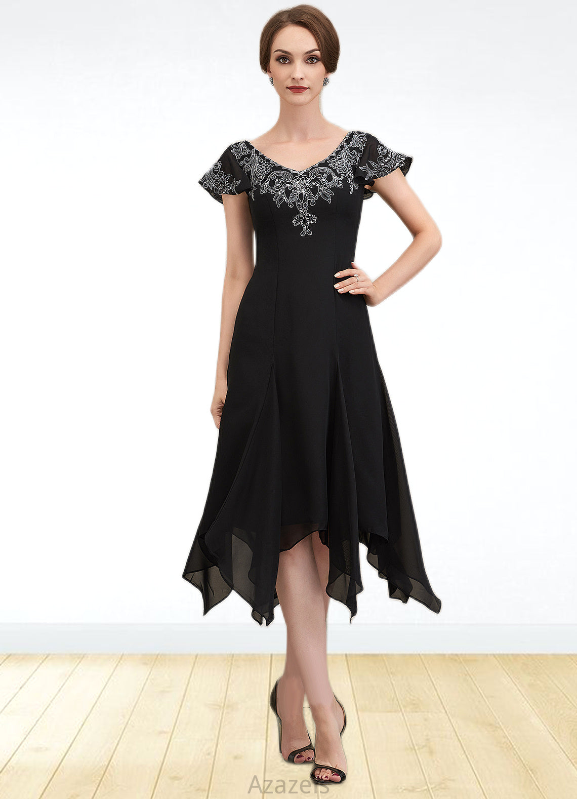 Destiny A-Line V-neck Tea-Length Chiffon Lace Mother of the Bride Dress With Sequins DF126P0014967