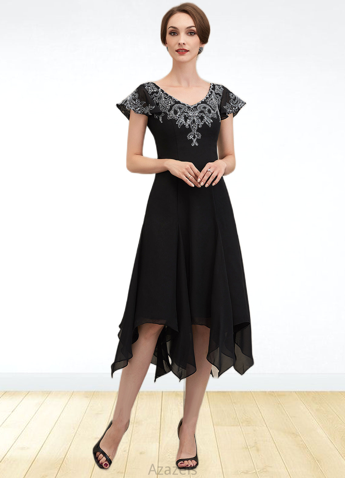 Destiny A-Line V-neck Tea-Length Chiffon Lace Mother of the Bride Dress With Sequins DF126P0014967