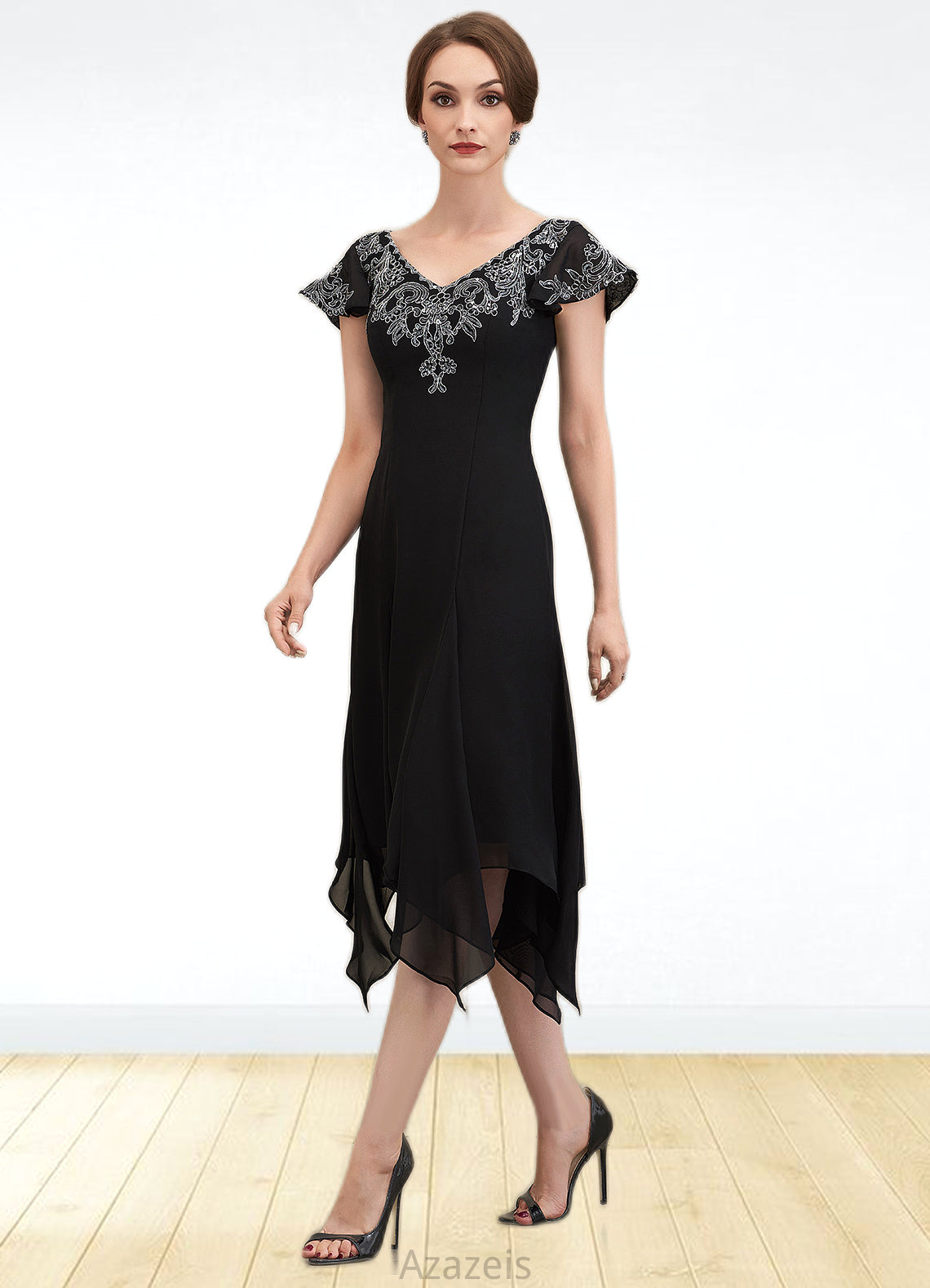 Destiny A-Line V-neck Tea-Length Chiffon Lace Mother of the Bride Dress With Sequins DF126P0014967