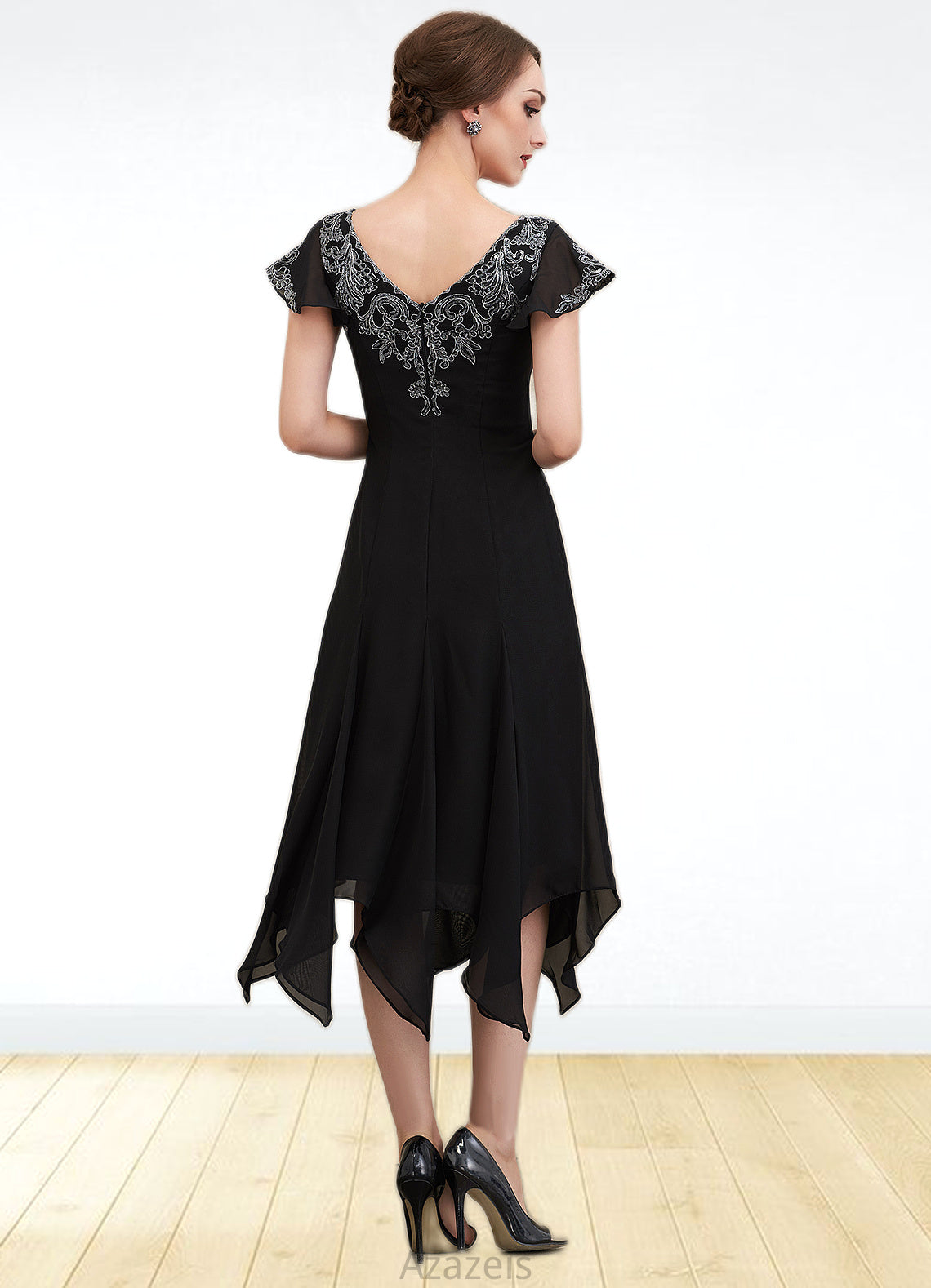 Destiny A-Line V-neck Tea-Length Chiffon Lace Mother of the Bride Dress With Sequins DF126P0014967