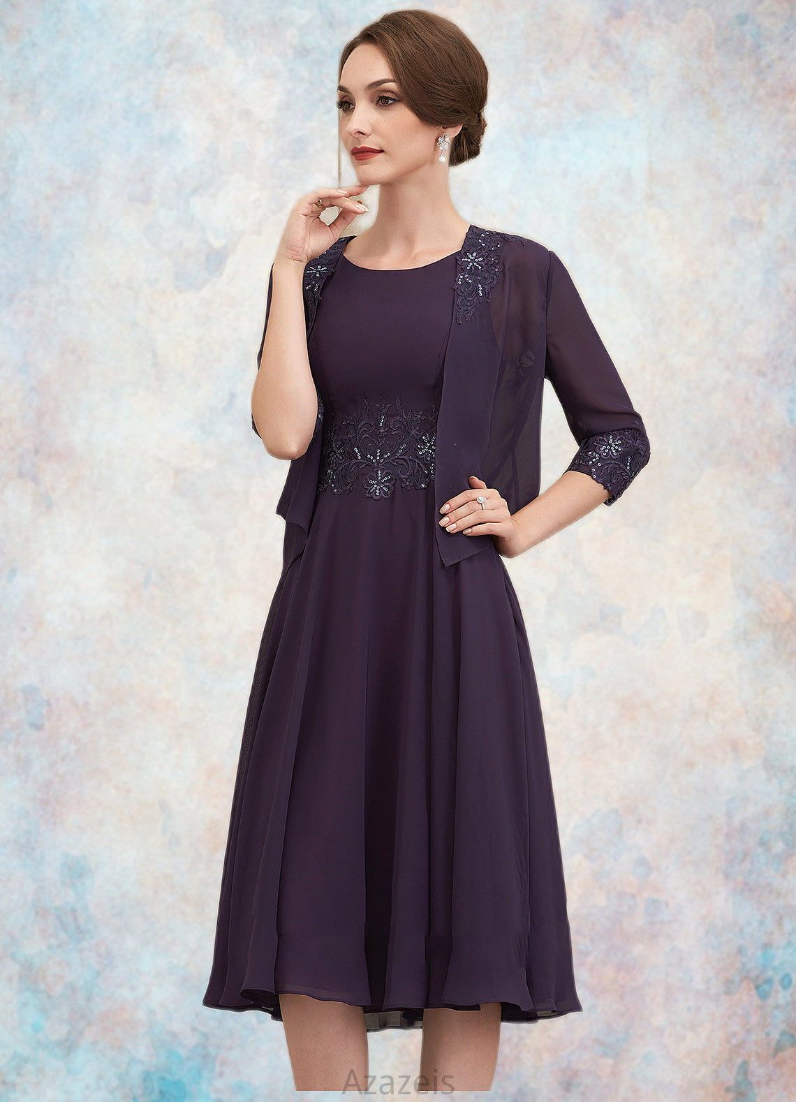 Abril A-Line Scoop Neck Knee-Length Chiffon Lace Mother of the Bride Dress With Sequins DF126P0014968