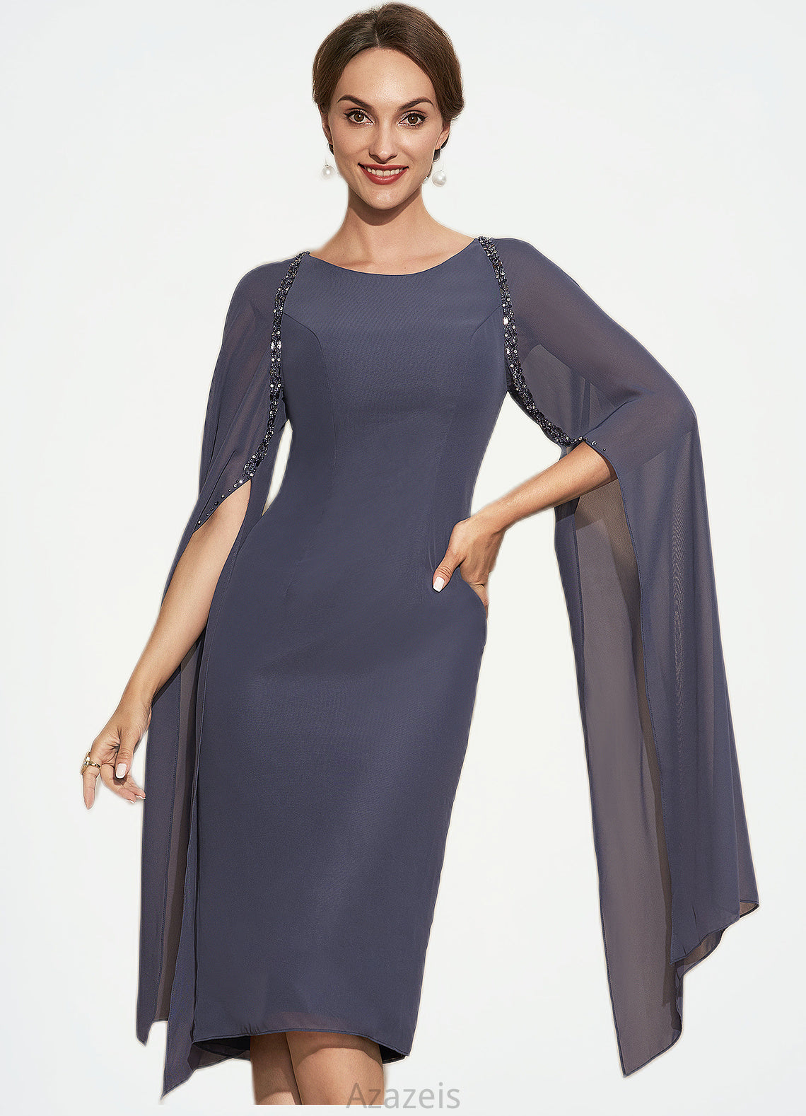 Faith Sheath/Column Scoop Neck Knee-Length Chiffon Mother of the Bride Dress With Beading DF126P0014969