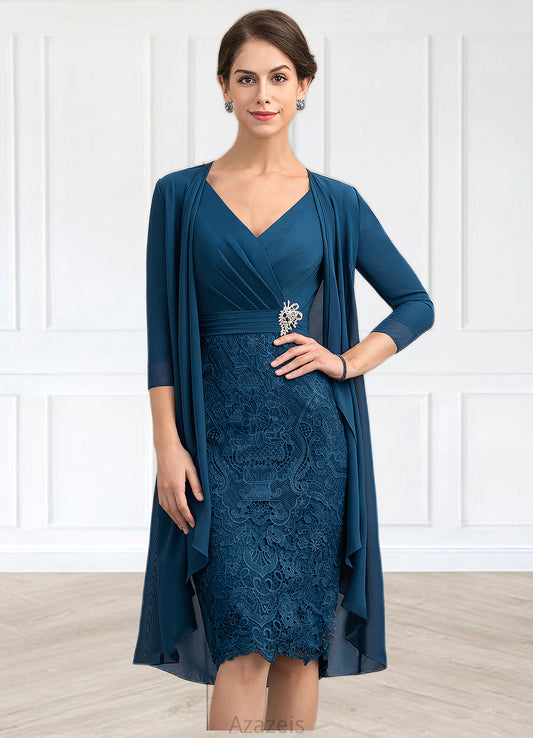Liz Sheath/Column V-neck Knee-Length Chiffon Lace Mother of the Bride Dress With Crystal Brooch DF126P0014972