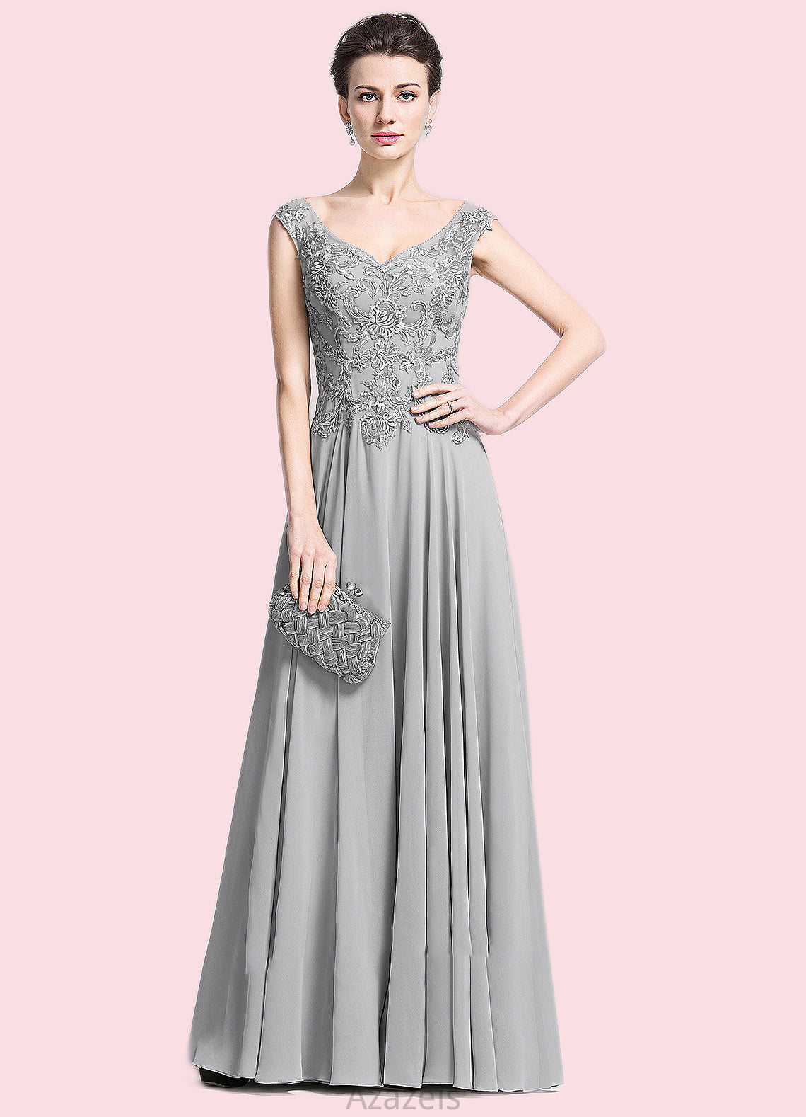 Veronica A-Line V-neck Floor-Length Chiffon Mother of the Bride Dress With Appliques Lace DF126P0014974