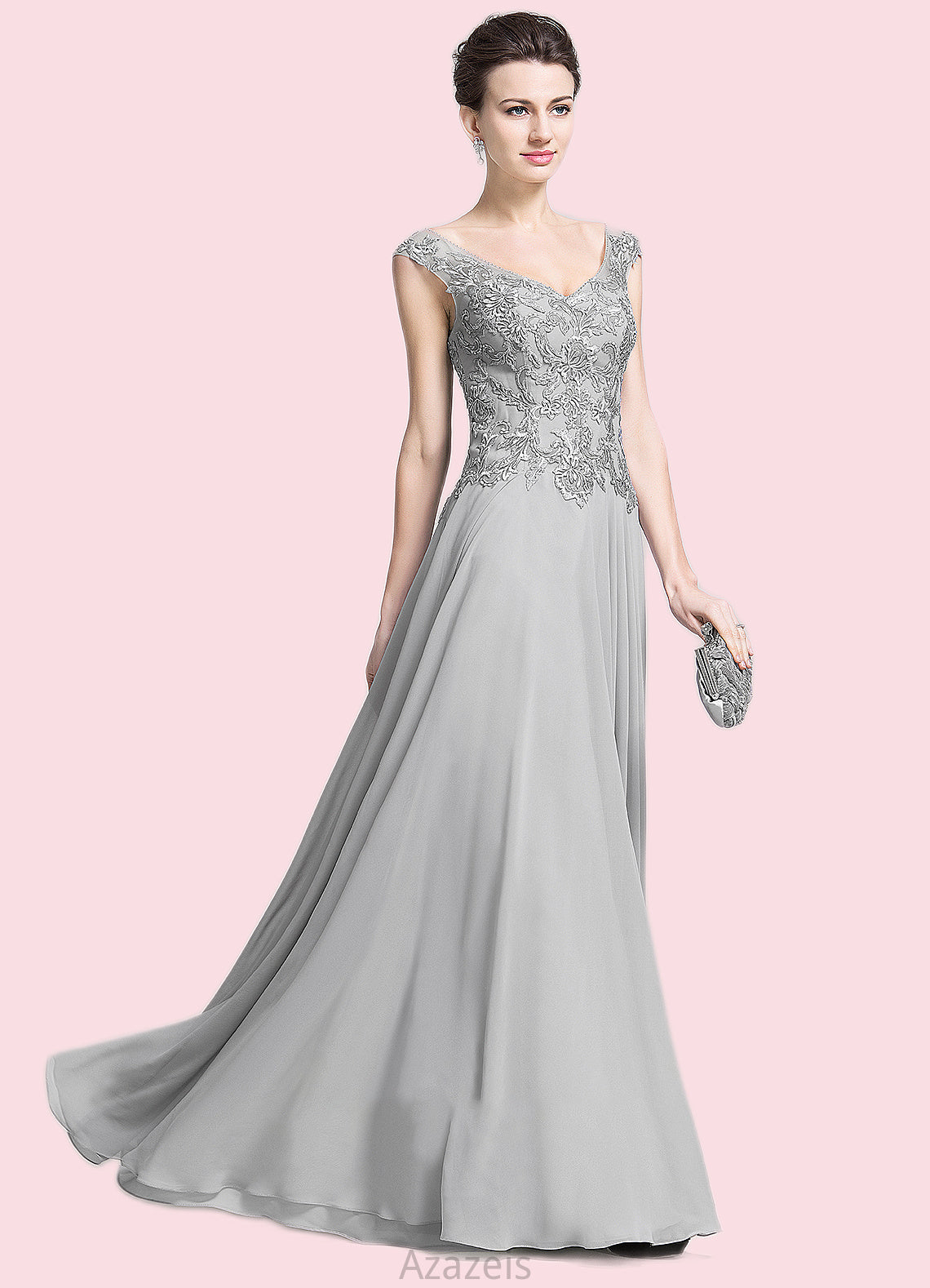 Veronica A-Line V-neck Floor-Length Chiffon Mother of the Bride Dress With Appliques Lace DF126P0014974