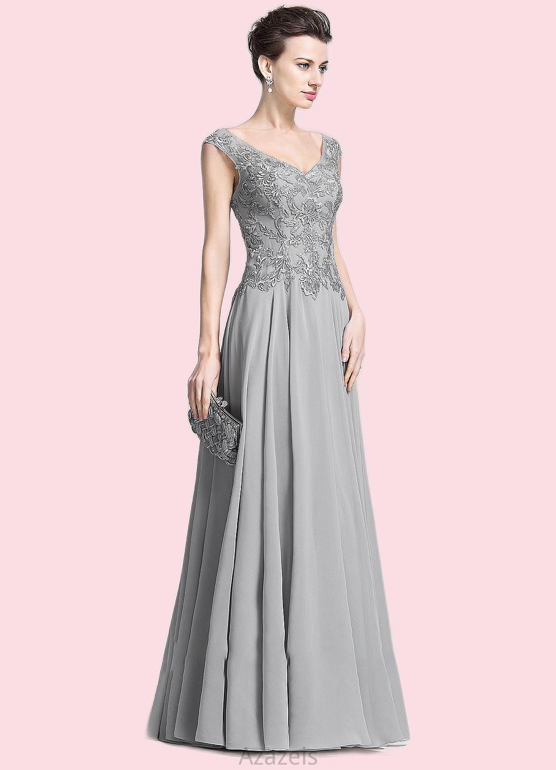 Veronica A-Line V-neck Floor-Length Chiffon Mother of the Bride Dress With Appliques Lace DF126P0014974