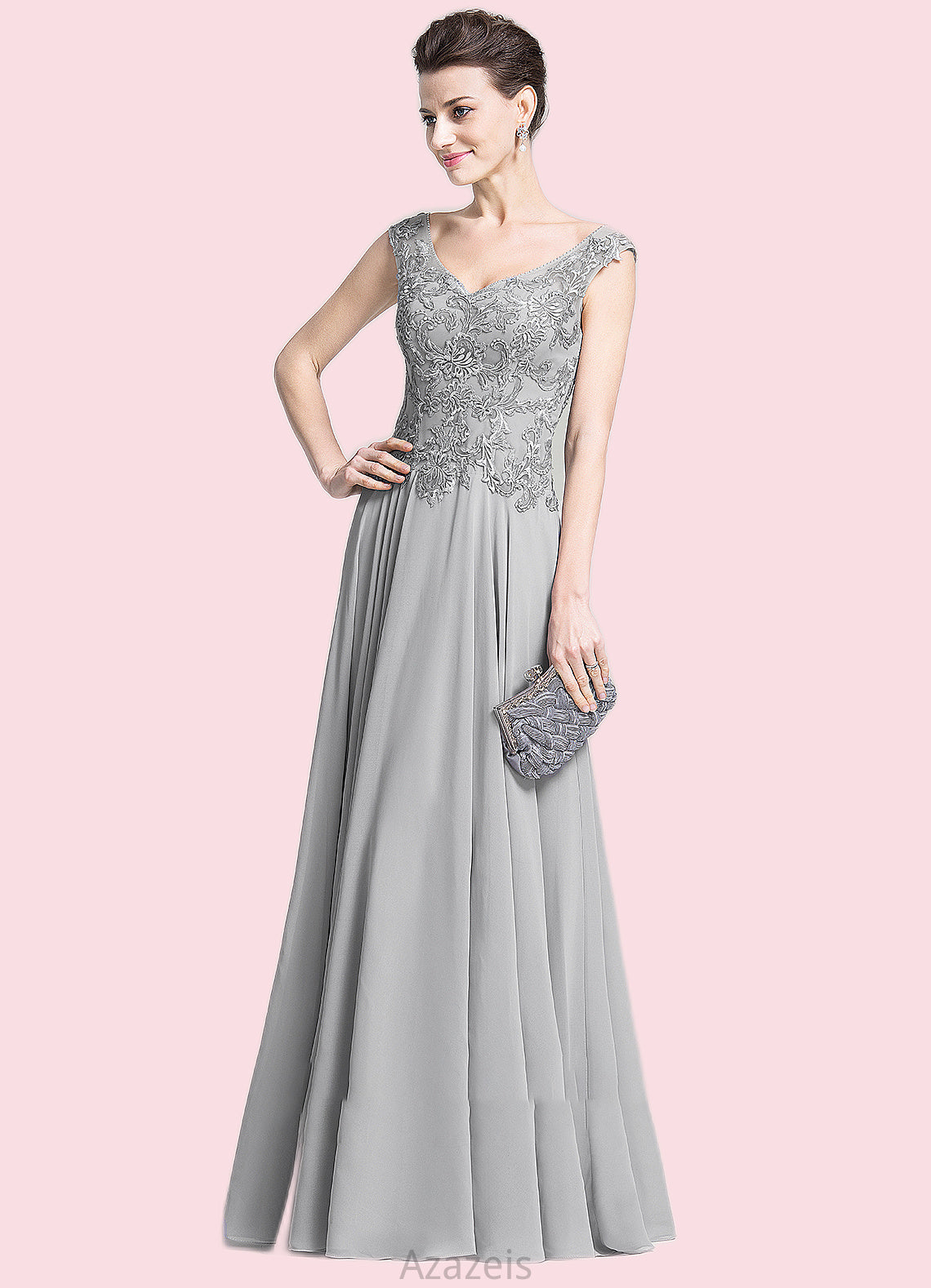 Veronica A-Line V-neck Floor-Length Chiffon Mother of the Bride Dress With Appliques Lace DF126P0014974