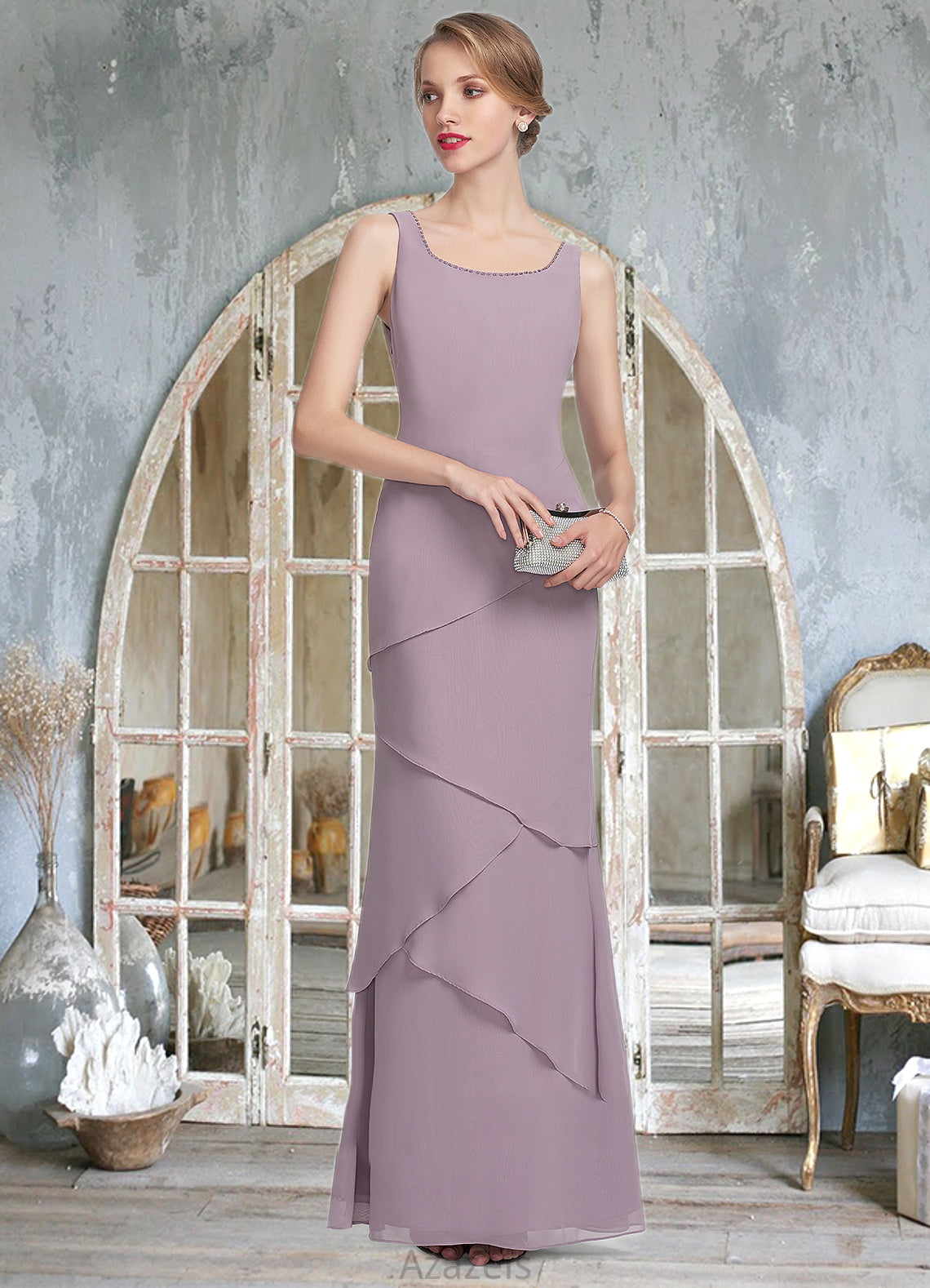 Valentina Sheath/Column Scoop Neck Floor-Length Chiffon Mother of the Bride Dress With Beading Cascading Ruffles DF126P0014975