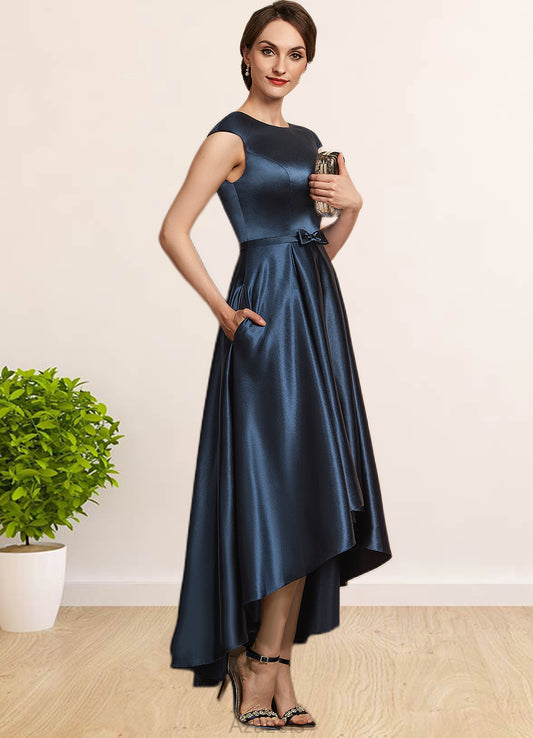Yvonne A-Line Scoop Neck Asymmetrical Satin Mother of the Bride Dress With Bow(s) Pockets DF126P0014976