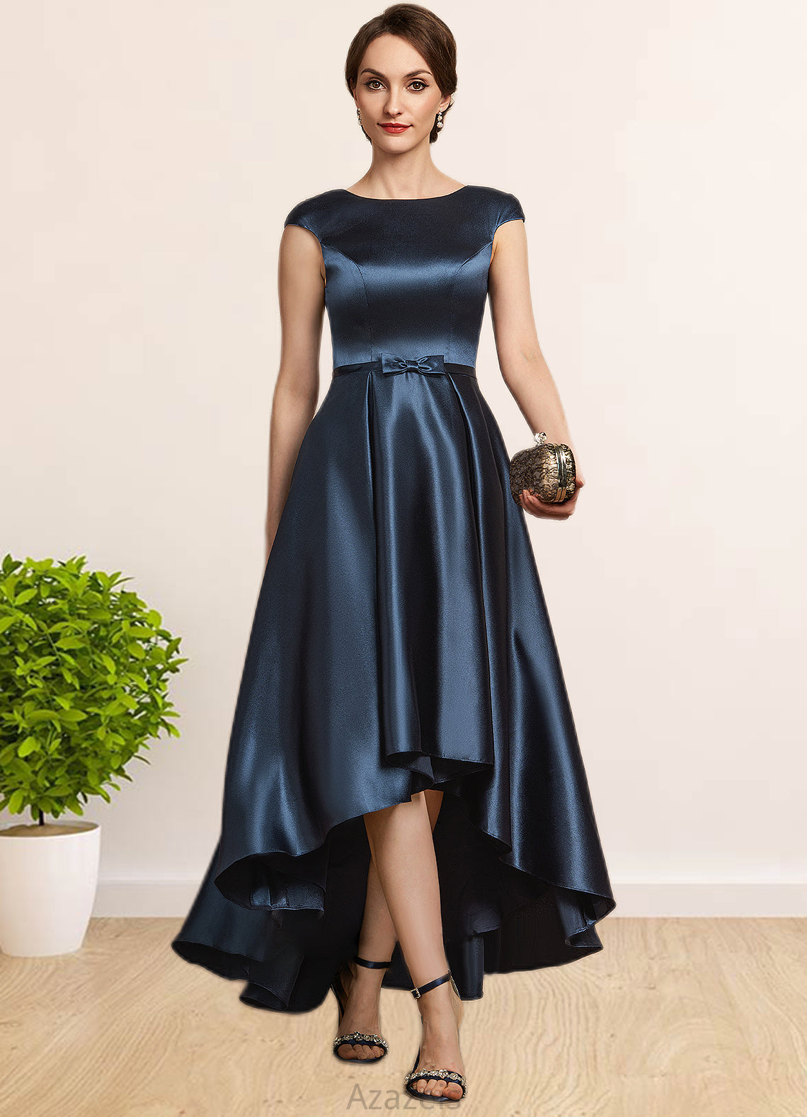 Yvonne A-Line Scoop Neck Asymmetrical Satin Mother of the Bride Dress With Bow(s) Pockets DF126P0014976