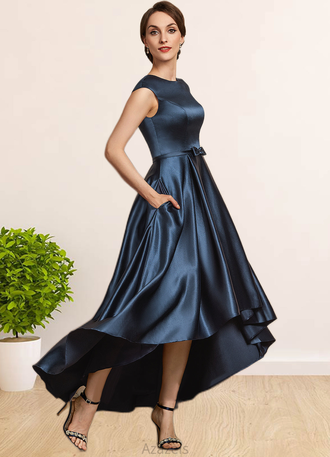 Yvonne A-Line Scoop Neck Asymmetrical Satin Mother of the Bride Dress With Bow(s) Pockets DF126P0014976