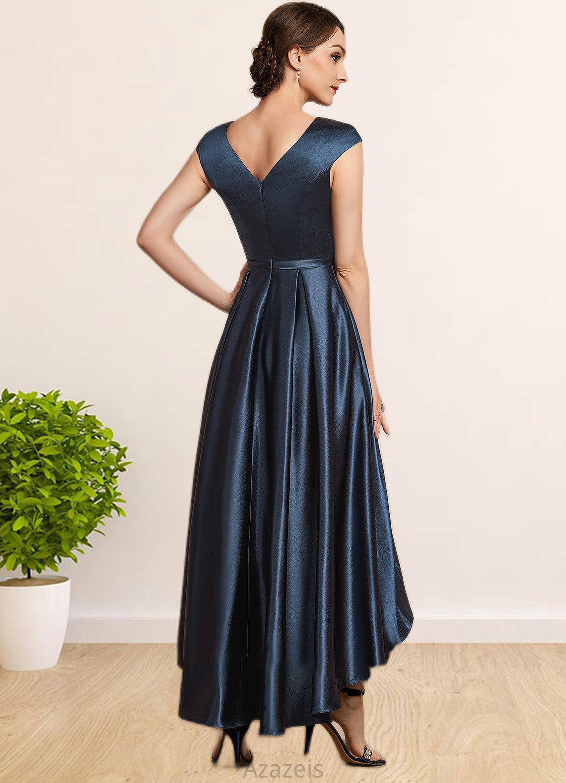 Yvonne A-Line Scoop Neck Asymmetrical Satin Mother of the Bride Dress With Bow(s) Pockets DF126P0014976