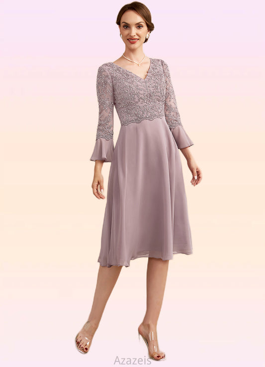 Renata A-Line V-neck Knee-Length Chiffon Lace Mother of the Bride Dress With Sequins Cascading Ruffles DF126P0014977