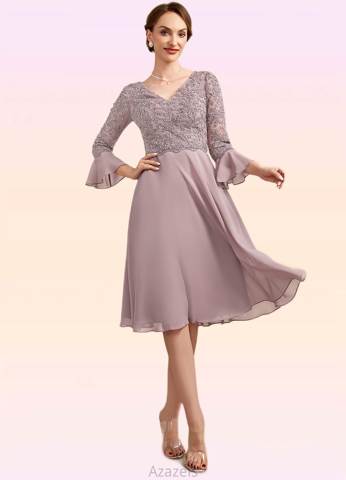 Renata A-Line V-neck Knee-Length Chiffon Lace Mother of the Bride Dress With Sequins Cascading Ruffles DF126P0014977