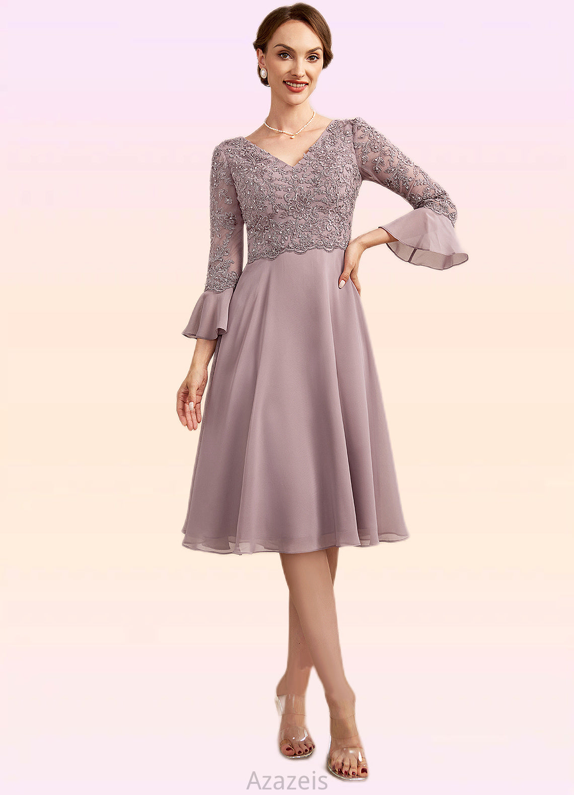 Renata A-Line V-neck Knee-Length Chiffon Lace Mother of the Bride Dress With Sequins Cascading Ruffles DF126P0014977