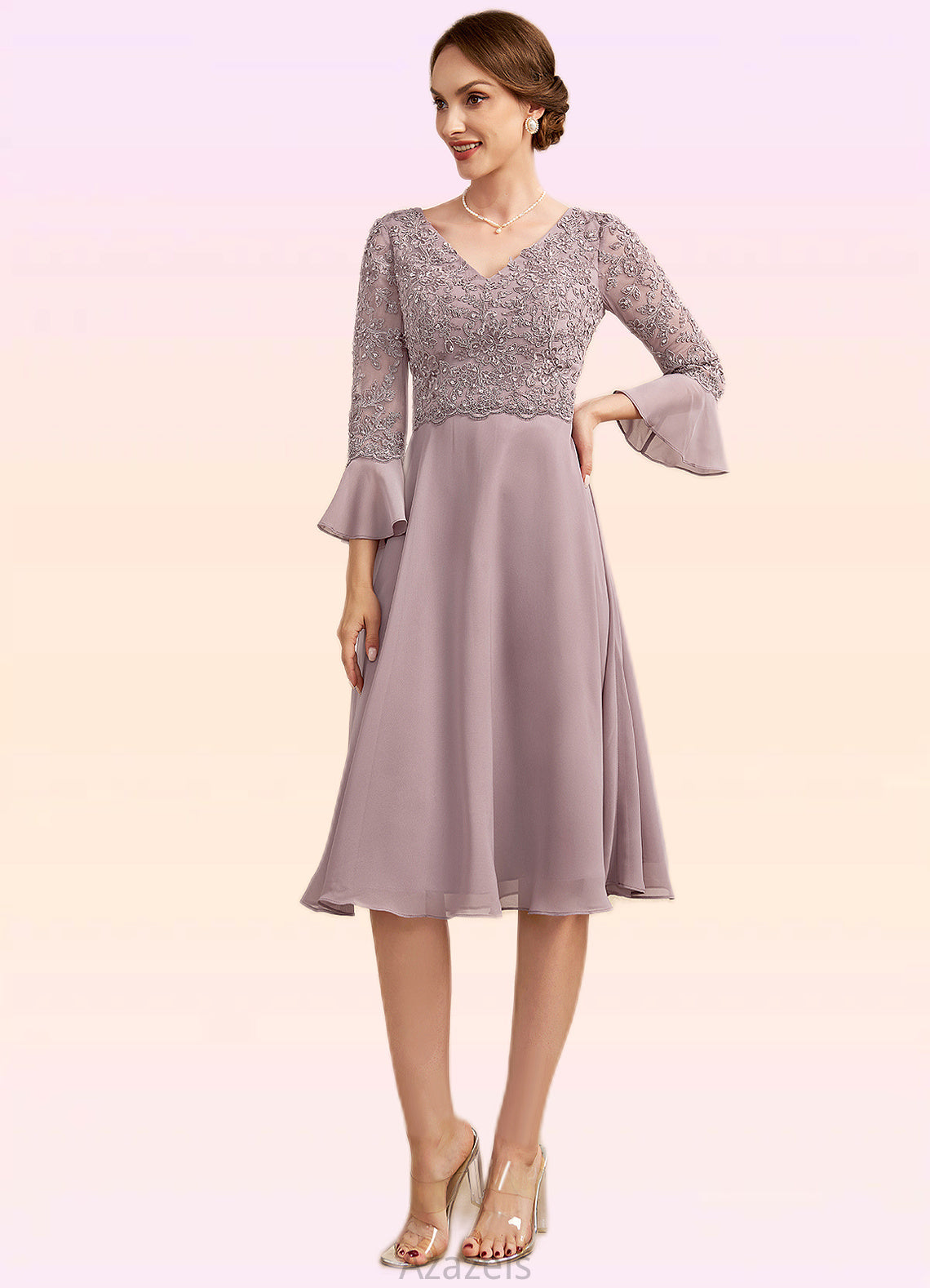 Renata A-Line V-neck Knee-Length Chiffon Lace Mother of the Bride Dress With Sequins Cascading Ruffles DF126P0014977