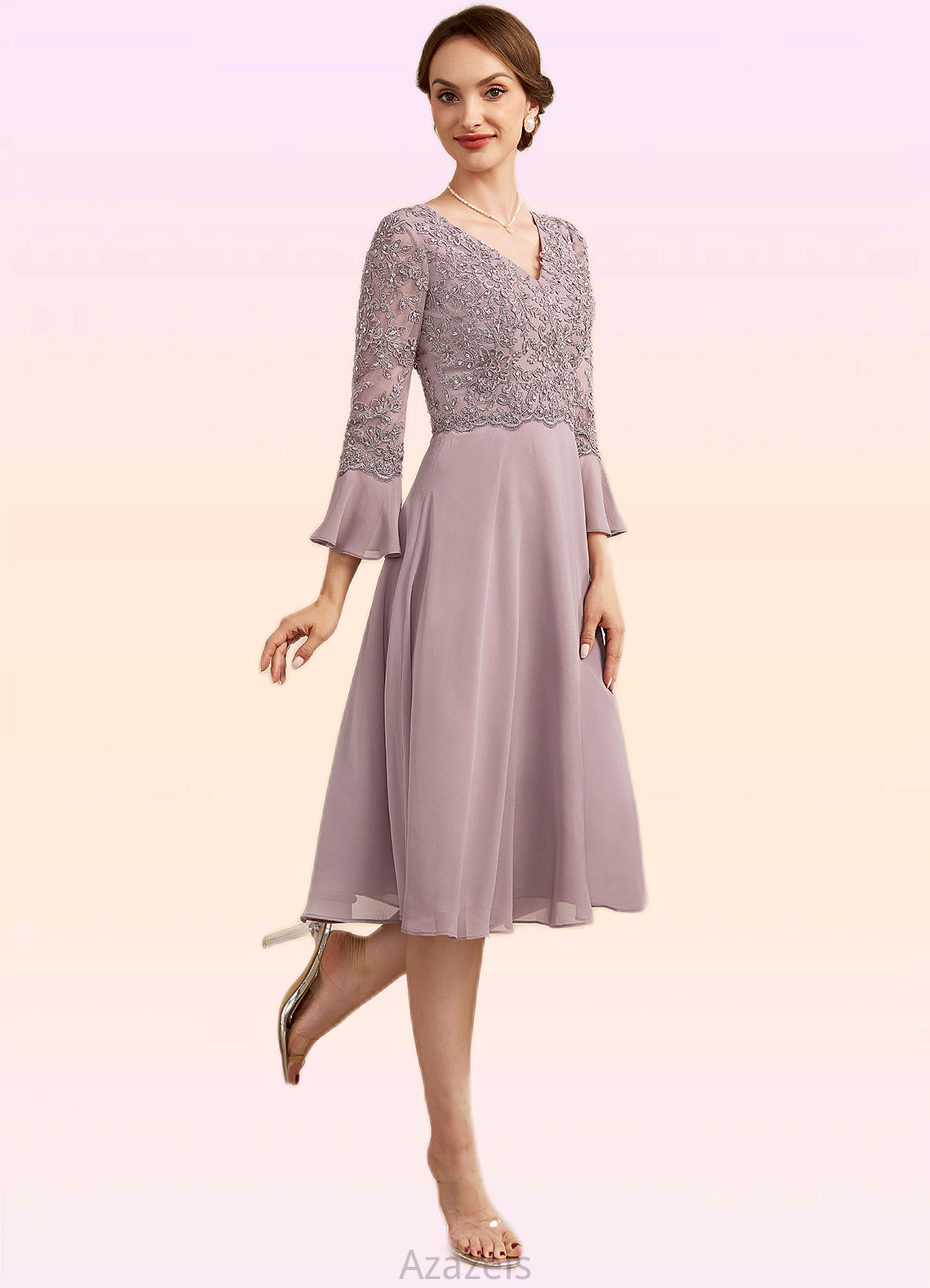 Renata A-Line V-neck Knee-Length Chiffon Lace Mother of the Bride Dress With Sequins Cascading Ruffles DF126P0014977