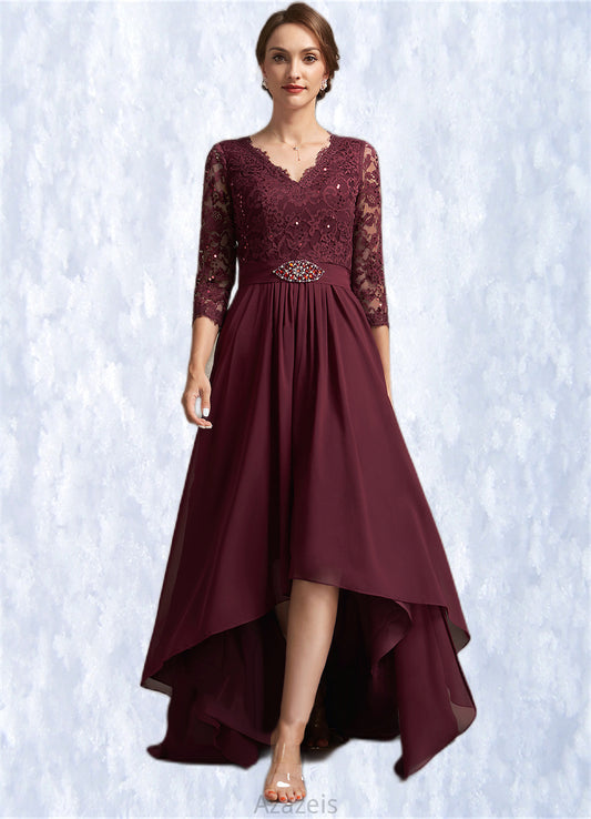 Quinn A-Line V-neck Asymmetrical Chiffon Lace Mother of the Bride Dress With Beading Sequins DF126P0014980