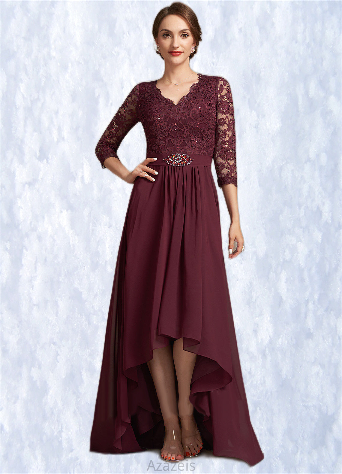 Quinn A-Line V-neck Asymmetrical Chiffon Lace Mother of the Bride Dress With Beading Sequins DF126P0014980