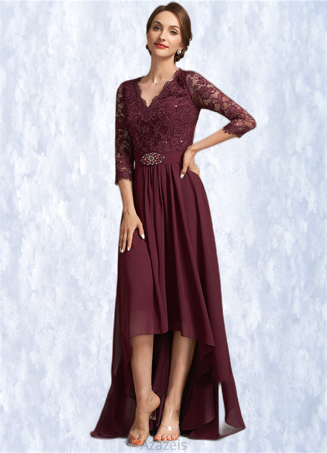 Quinn A-Line V-neck Asymmetrical Chiffon Lace Mother of the Bride Dress With Beading Sequins DF126P0014980