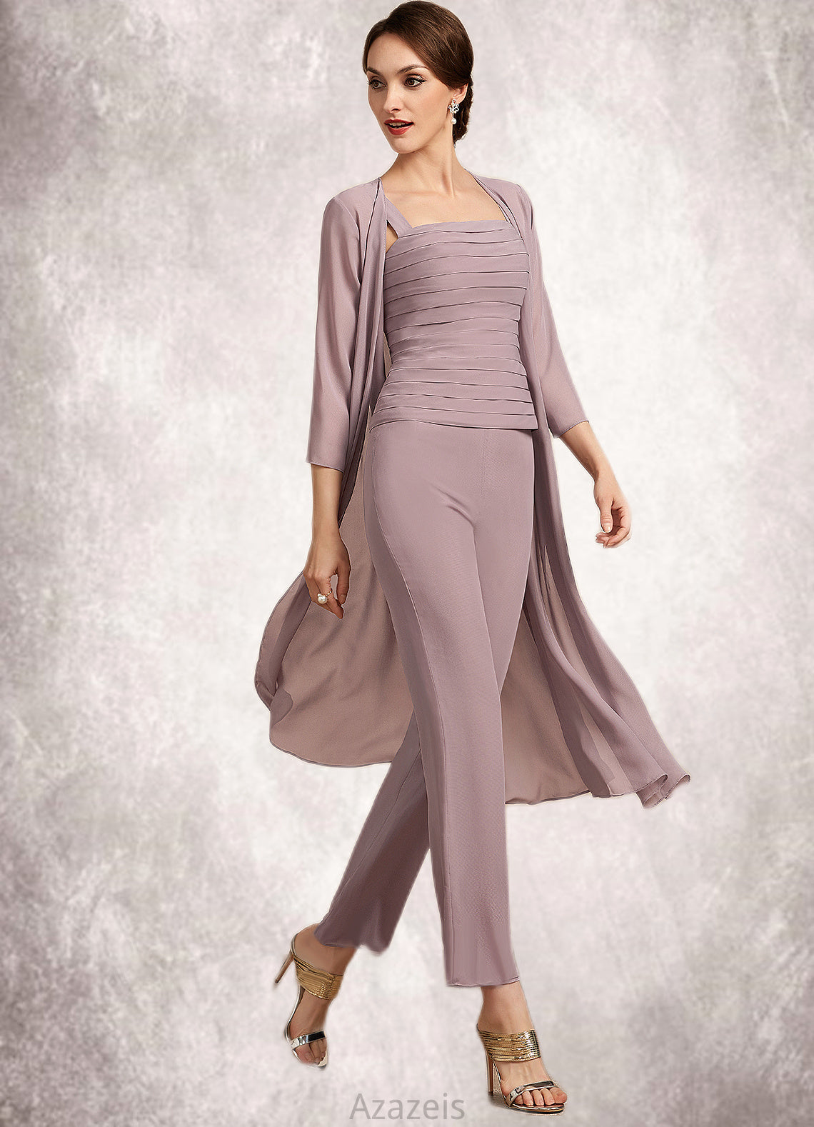 Valentina Jumpsuit/Pantsuit Square Neckline Ankle-Length Chiffon Mother of the Bride Dress With Ruffle DF126P0014984