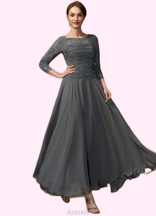 Gillian A-Line Scoop Neck Ankle-Length Chiffon Lace Mother of the Bride Dress With Ruffle DF126P0014990
