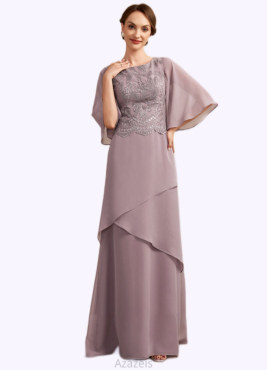Serenity A-Line Scoop Neck Floor-Length Chiffon Lace Mother of the Bride Dress With Sequins Cascading Ruffles DF126P0014991