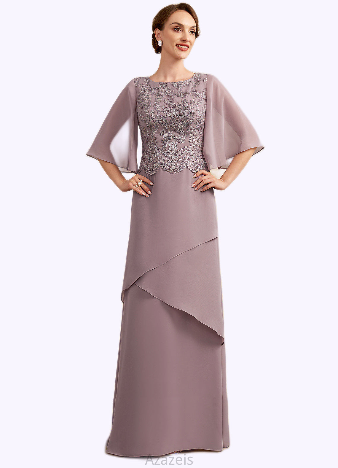 Serenity A-Line Scoop Neck Floor-Length Chiffon Lace Mother of the Bride Dress With Sequins Cascading Ruffles DF126P0014991