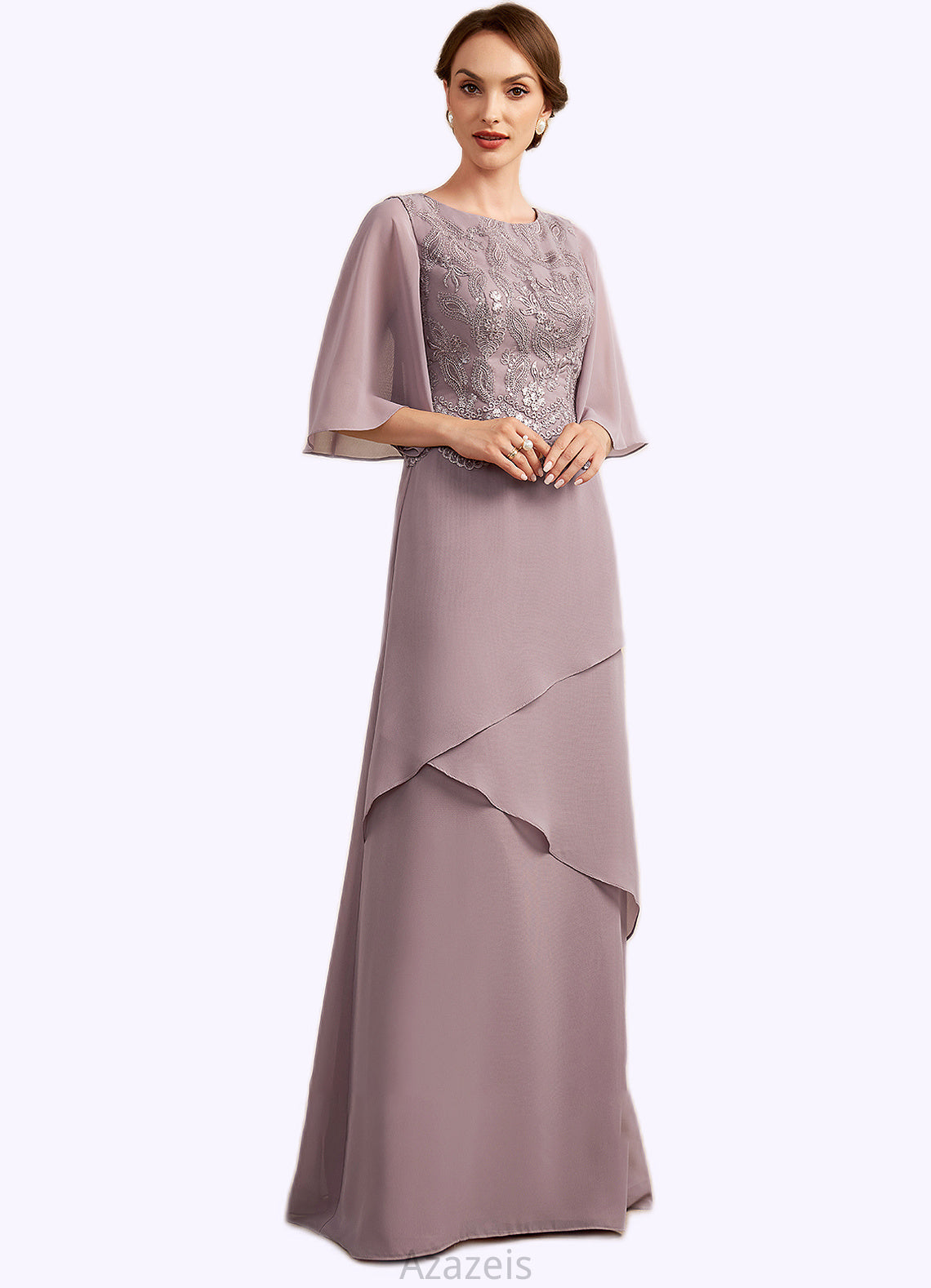 Serenity A-Line Scoop Neck Floor-Length Chiffon Lace Mother of the Bride Dress With Sequins Cascading Ruffles DF126P0014991