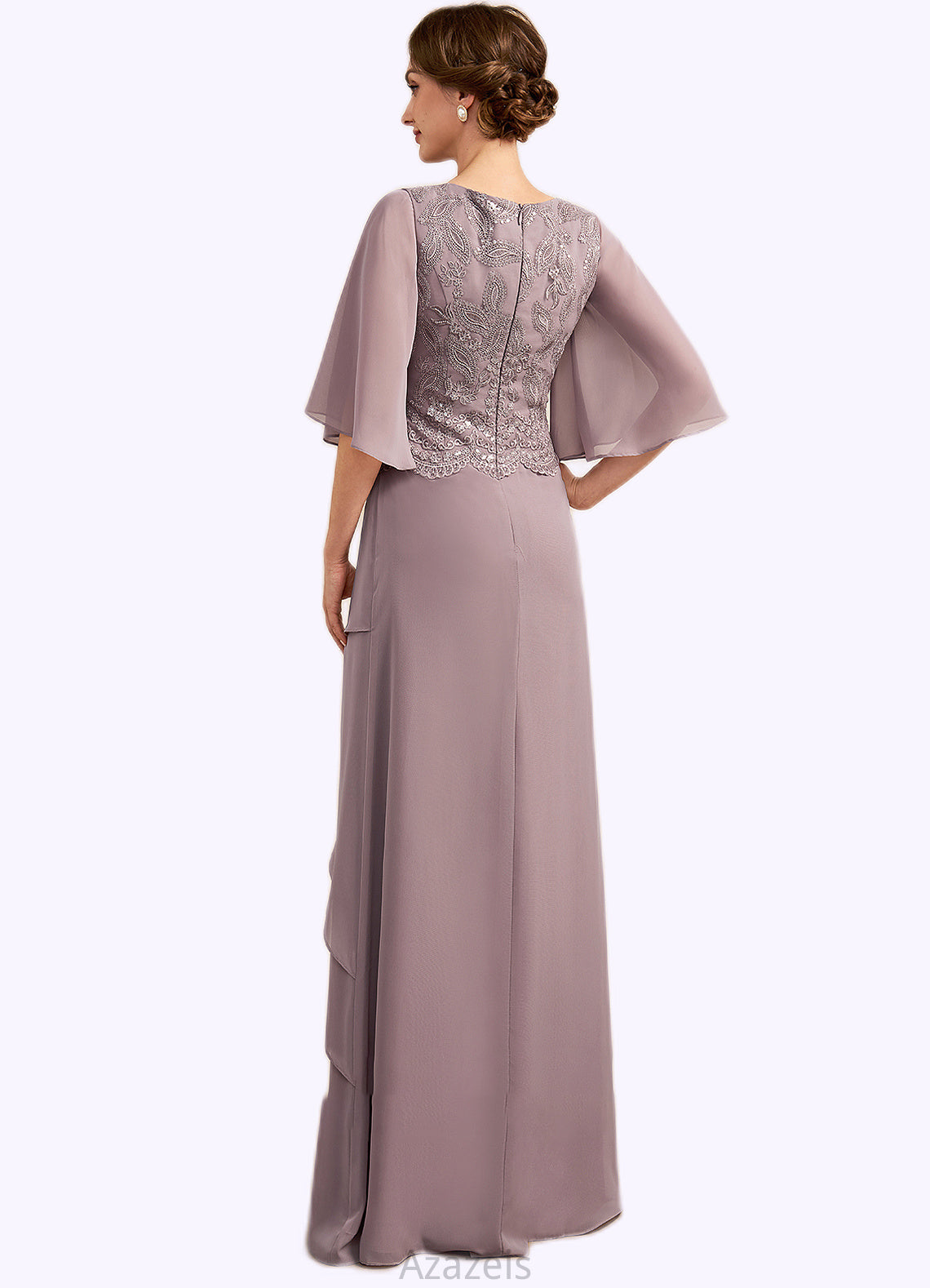 Serenity A-Line Scoop Neck Floor-Length Chiffon Lace Mother of the Bride Dress With Sequins Cascading Ruffles DF126P0014991