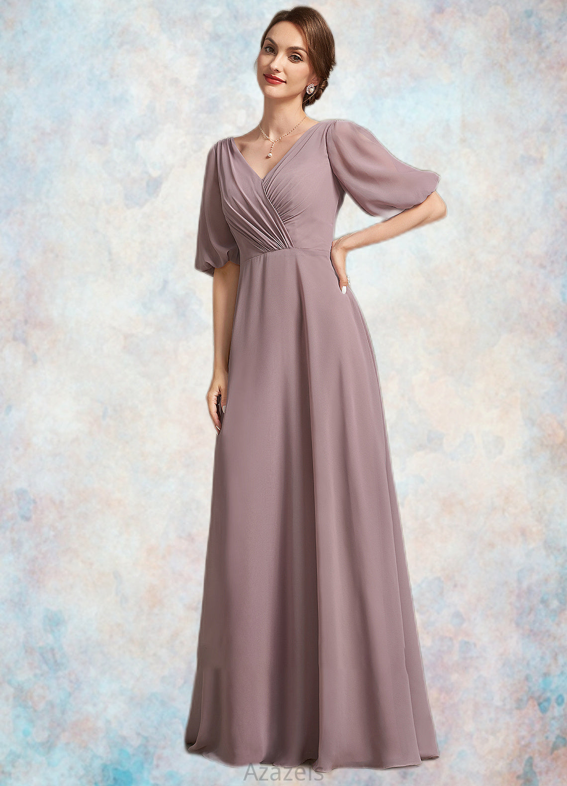 Elizabeth A-Line V-neck Floor-Length Chiffon Mother of the Bride Dress With Ruffle DF126P0014992