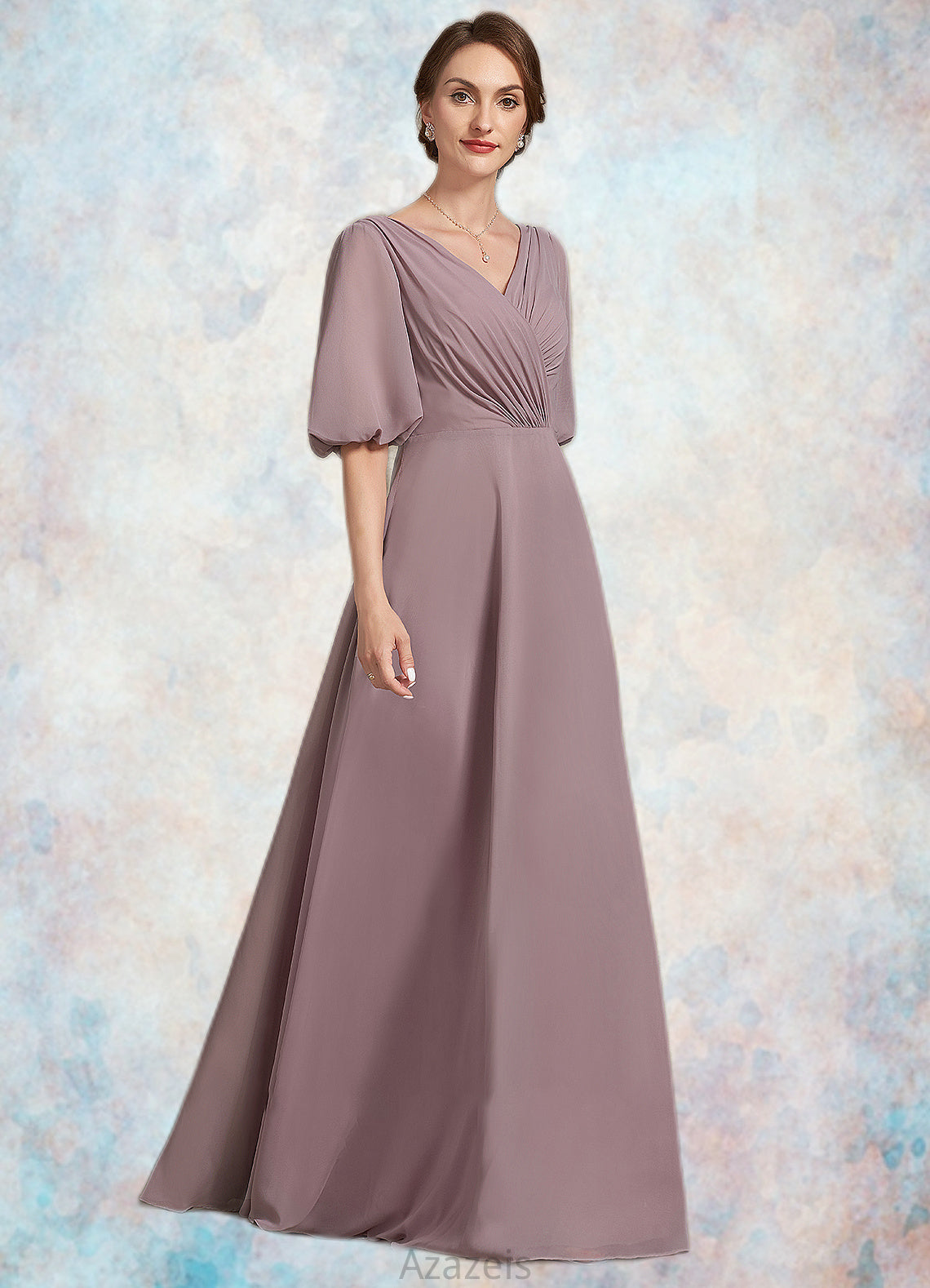 Elizabeth A-Line V-neck Floor-Length Chiffon Mother of the Bride Dress With Ruffle DF126P0014992