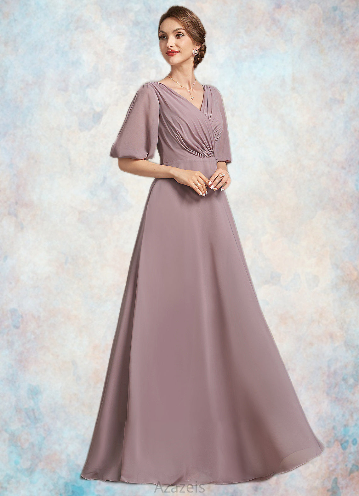 Elizabeth A-Line V-neck Floor-Length Chiffon Mother of the Bride Dress With Ruffle DF126P0014992