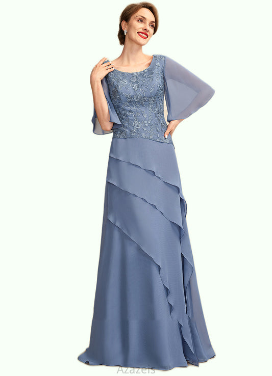 Gemma A-Line Scoop Neck Floor-Length Chiffon Lace Mother of the Bride Dress With Sequins Cascading Ruffles DF126P0014997